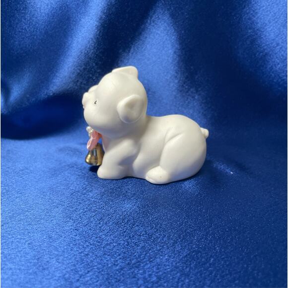 Small Bisque Porcelain Cute White Pig with Bell Collar - Picture 2 of 8